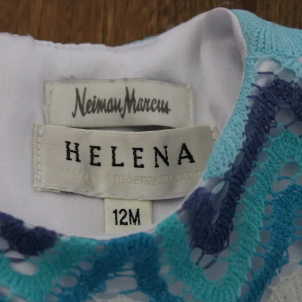 Neiman Marcus Helena Blue Chevron Lace Party‎ Dress 12M Sleeveless Zigzag Teal
